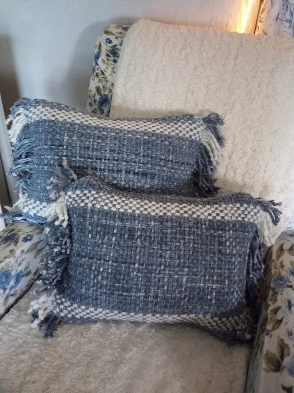 Pair Pottery Barn "Ixora" Pillows-Indigo Blue White Woven Lumbar-Indoor/Outdoor